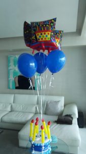 Blue birthday cake balloon bouquet