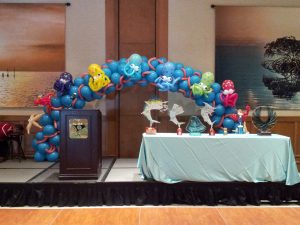 Closeup of the Under the Sea with Octopuses balloon arch for Westchester Hospital's Fishing Derby Event